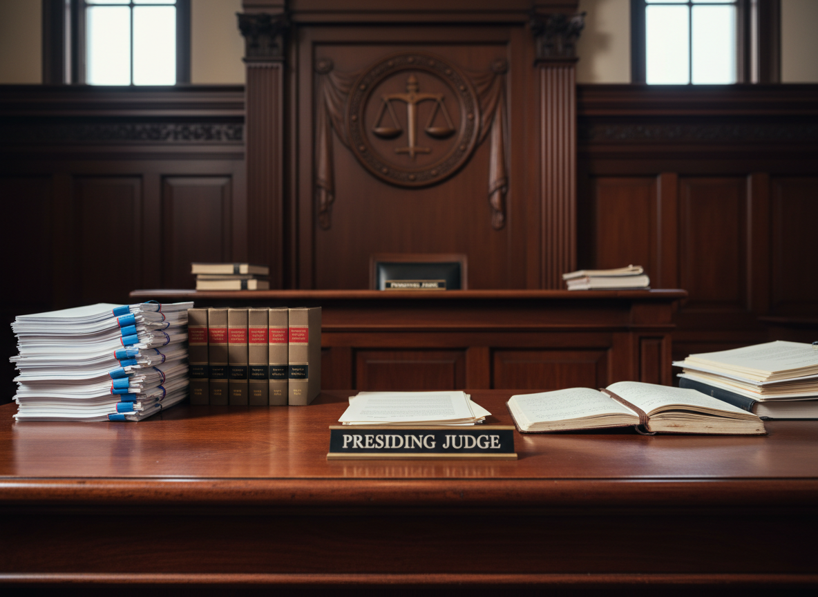A meticulously organized mahogany courtroom bench with a polished brass nameplate reading “Presiding Judge,” surrounded by stacks of neatly arranged legal briefs, hardcover law reports, and a well-worn leather-bound notebook. Behind the bench, tall wooden panels and a carved seal of justice provide a dignified backdrop. Soft, diffused daylight filters through high, unseen windows, casting gentle highlights on the glossy wood and subtle shadows across the documents. Photographed at eye level with a slightly wide frame, the foreground papers are in sharp focus while the rear wall falls into a soft bokeh. The mood is professional, contemplative, and authoritative, in clean photographic realism that suits an educational criminal justice website.
